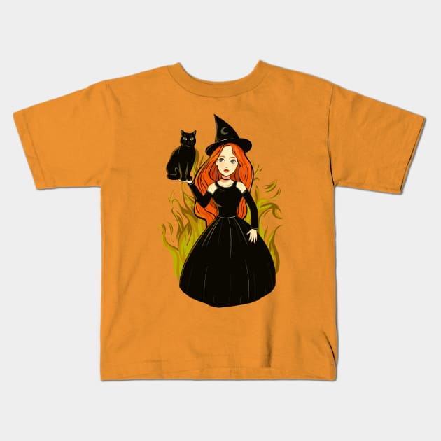 Cute witch with a black cat Kids T-Shirt by Mimie20